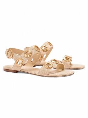 Larroude Milan Flat Sandal Beige Raffia 8.5 NWT